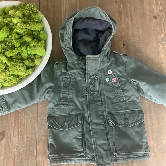 💚Baby Gap Toddler 2 years Khaki Army Green Hooded Denim Jacket w padding inside - Picture 2 of 15